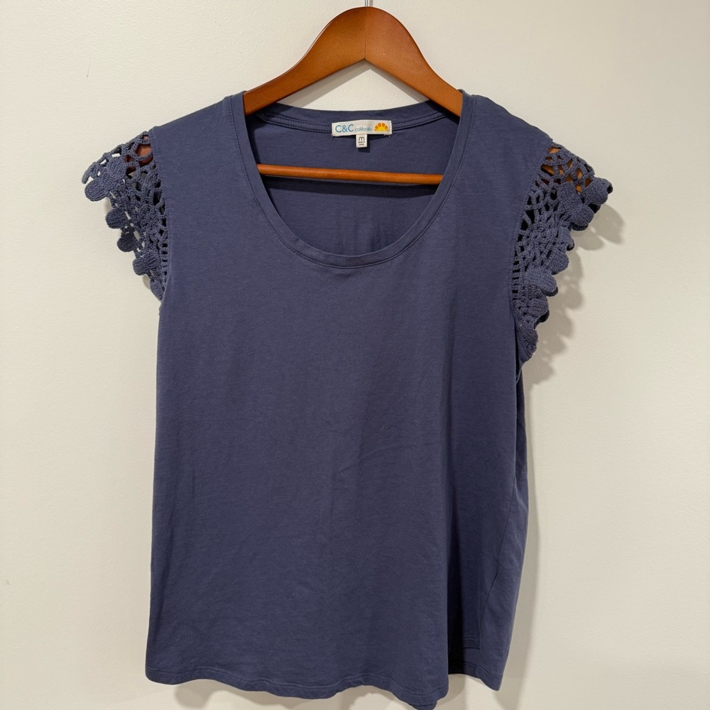 C&C California Navy Crochet Sleeve Blouse